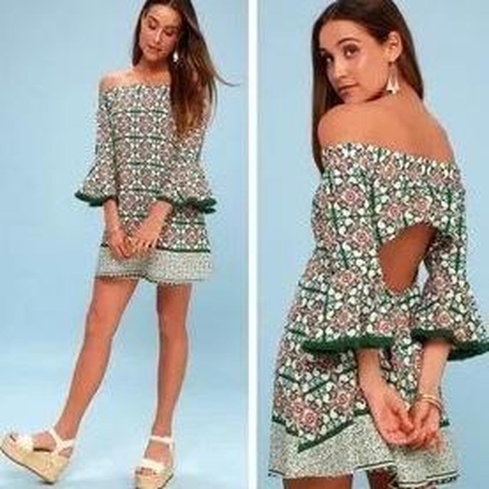Lulus | Green Geometric Pattern Fringe Off Shoulder Mini Dress Size SMALL